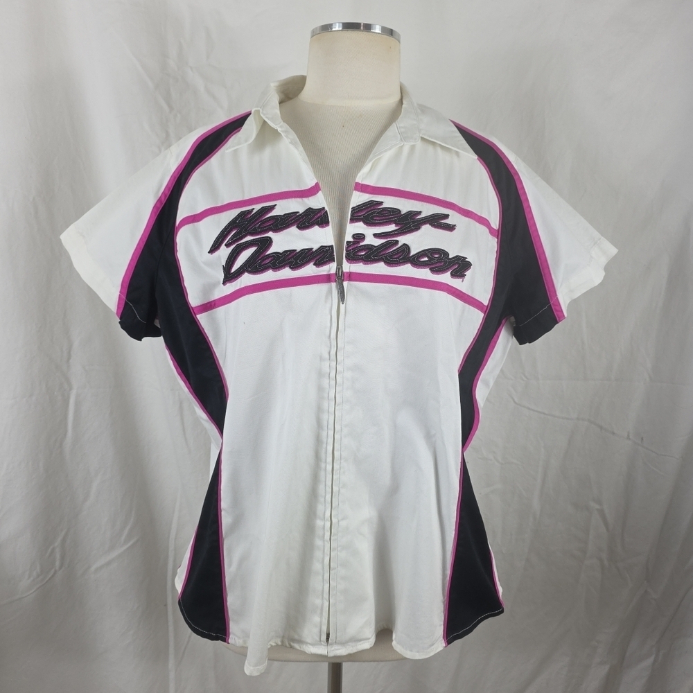 Harley Davidson Bowling Shirt Full Zip Womens 2XL White Motorcycle Biker HD